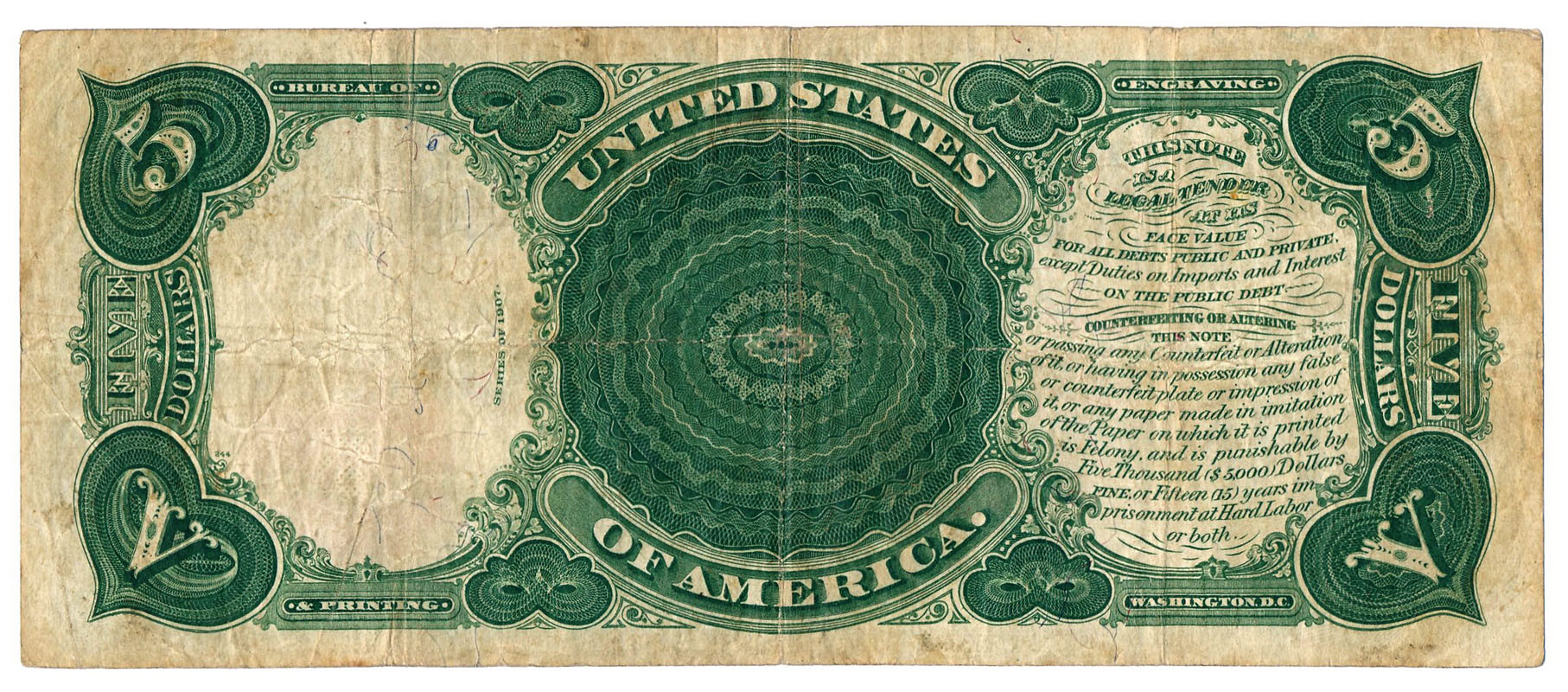 USA. 5 dolarów 1907 Legal Tender, Large size, seria K